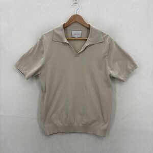 Raith Sweater Polo Mens Medium Beige Knit Short Sleeve Shirt Cotton Casual